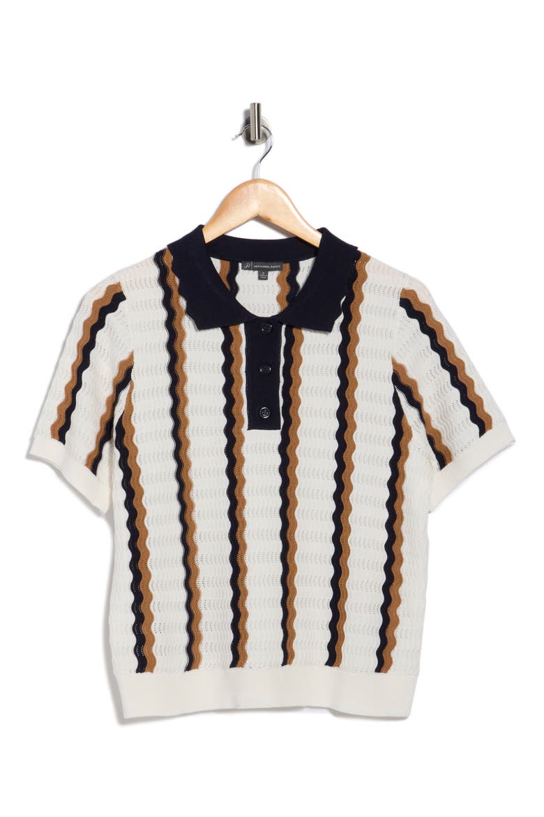 Stripe Pointelle Polo Sweater, Alternate, color, IVORY/ CAMEL/ NAVY