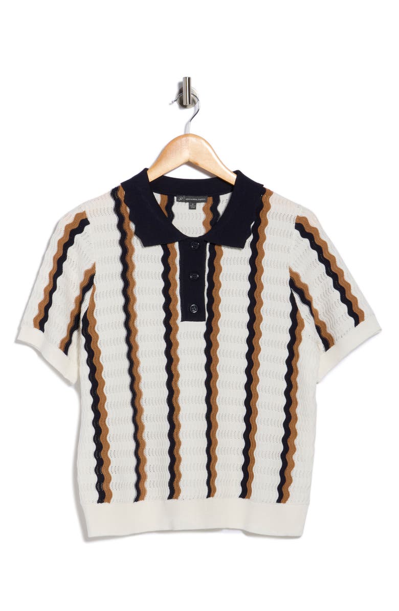 Adrianna Papell Stripe Pointelle Polo Sweater, Main, color, Ivory/ Camel/ Navy