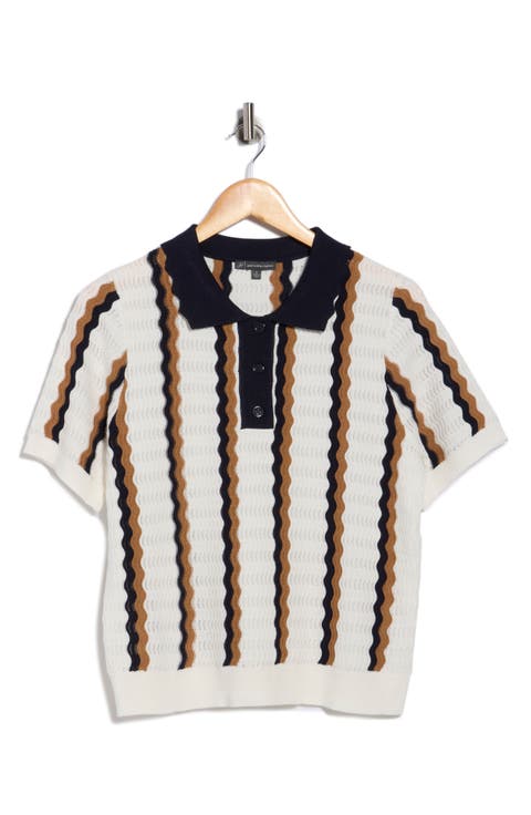 Stripe Pointelle Polo Sweater