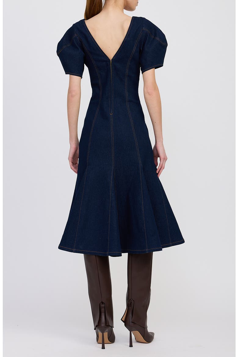 Seraphina Puff Sleeve Denim Midi Dress, Alternate, color, INDIGO