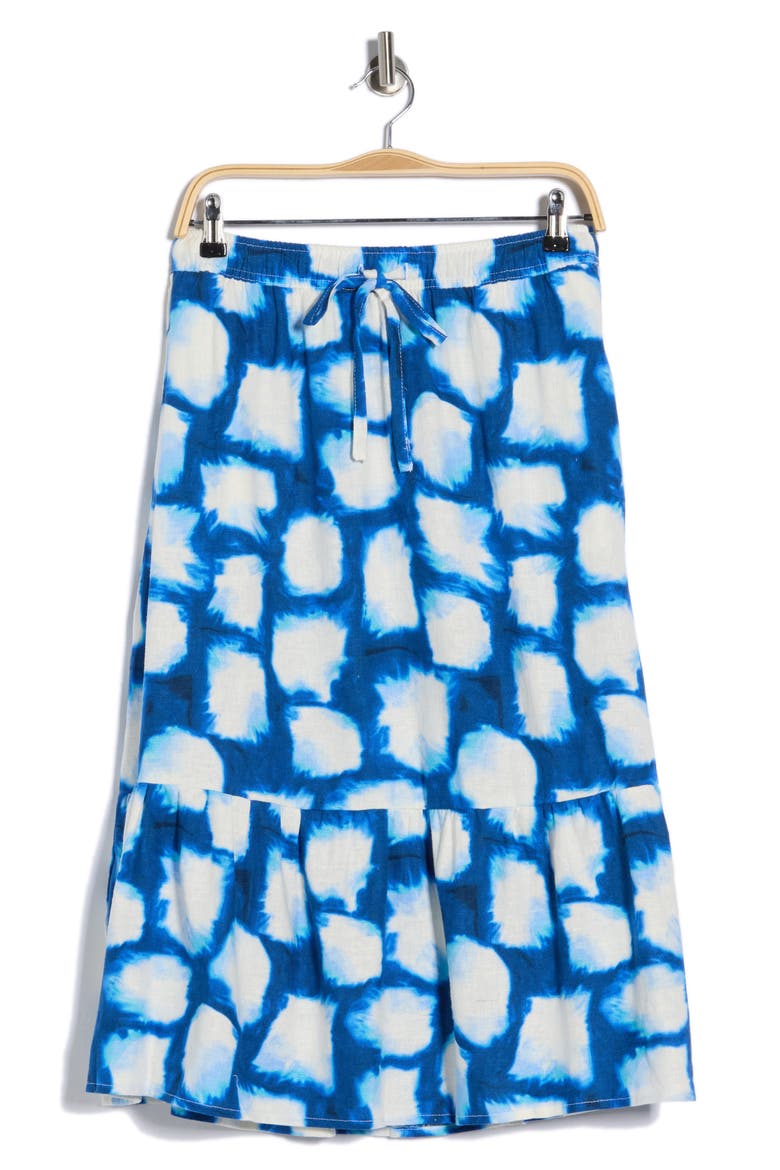Linen Blend Midi Skirt, Alternate, color, COBALT/ AQUA MULTI