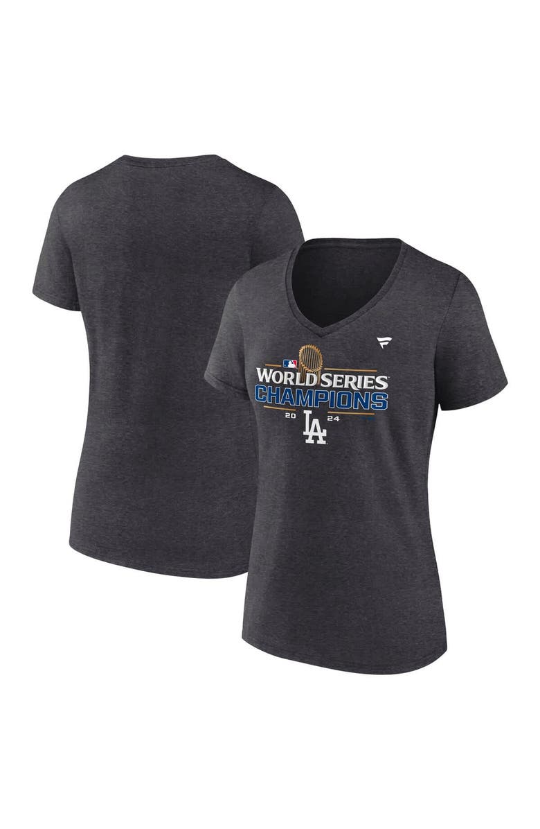 FANATICS Women's Fanatics Heather Charcoal Los Angeles Dodgers 2024 World Series Champions Locker Room Plus Size V-Neck T-Shirt, Main, color, 