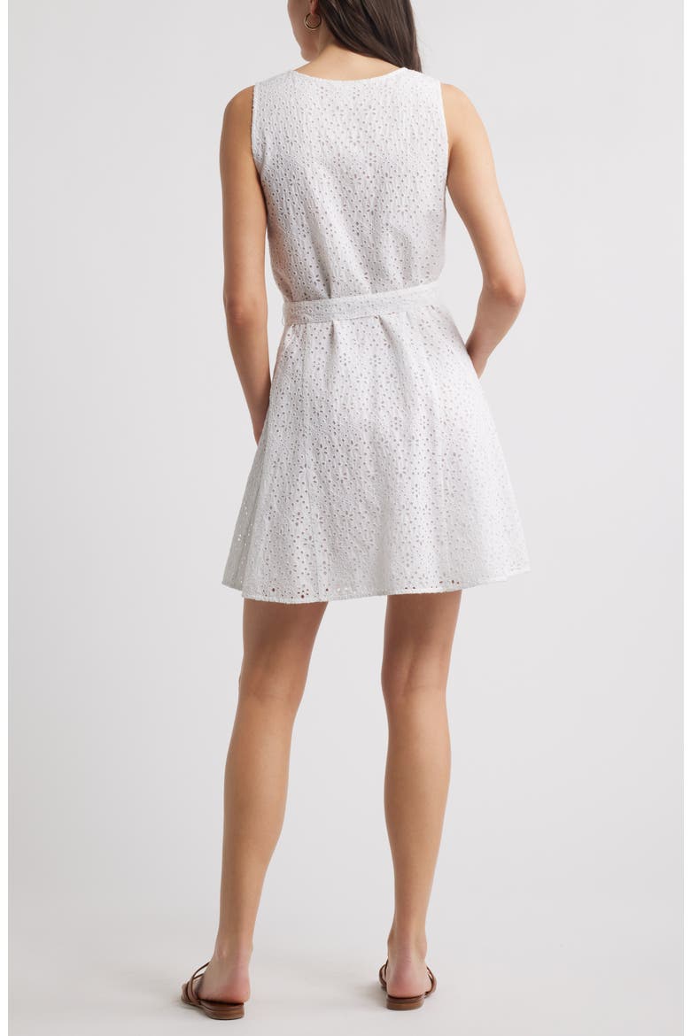 Sleeveless Cotton Eyelet Belted Dress, Alternate, color, WHITE
