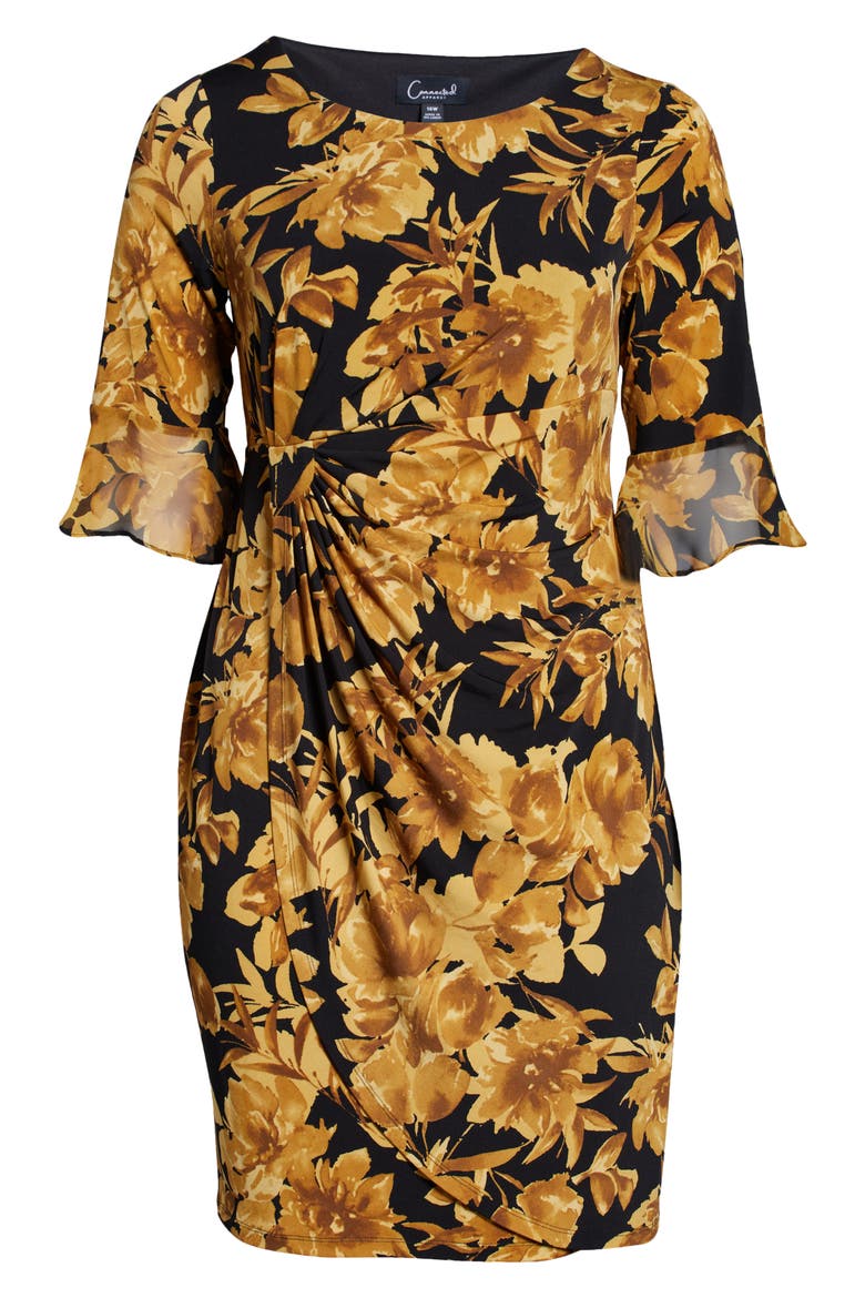 Floral Knit Faux Wrap Dress, Alternate, color, MUSTARD