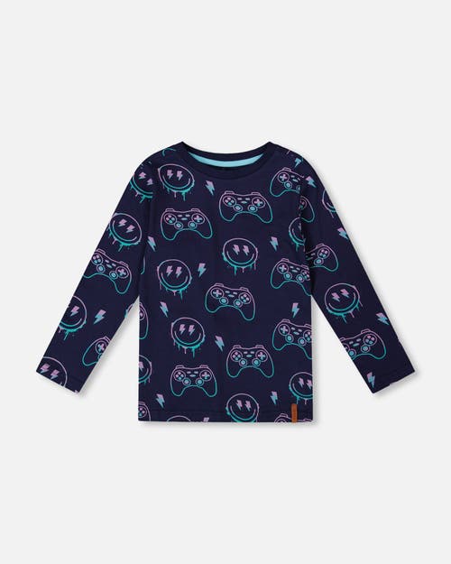 Deux Par Deux Kids'  Long Sleeve Organic Cotton Allover Tee In Blue
