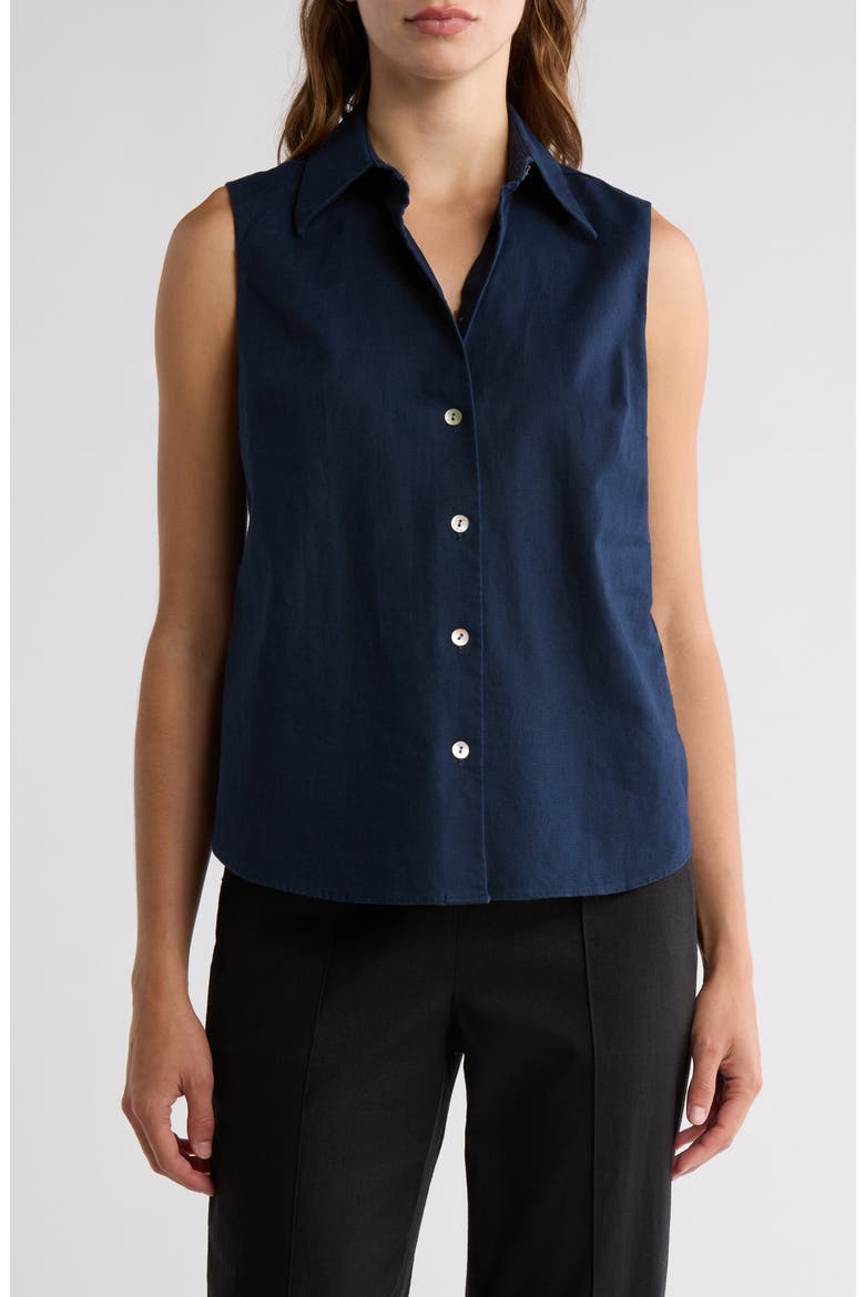 Sleeveless Cotton Blend Button-Up Shirt, Main, color, COASTAL