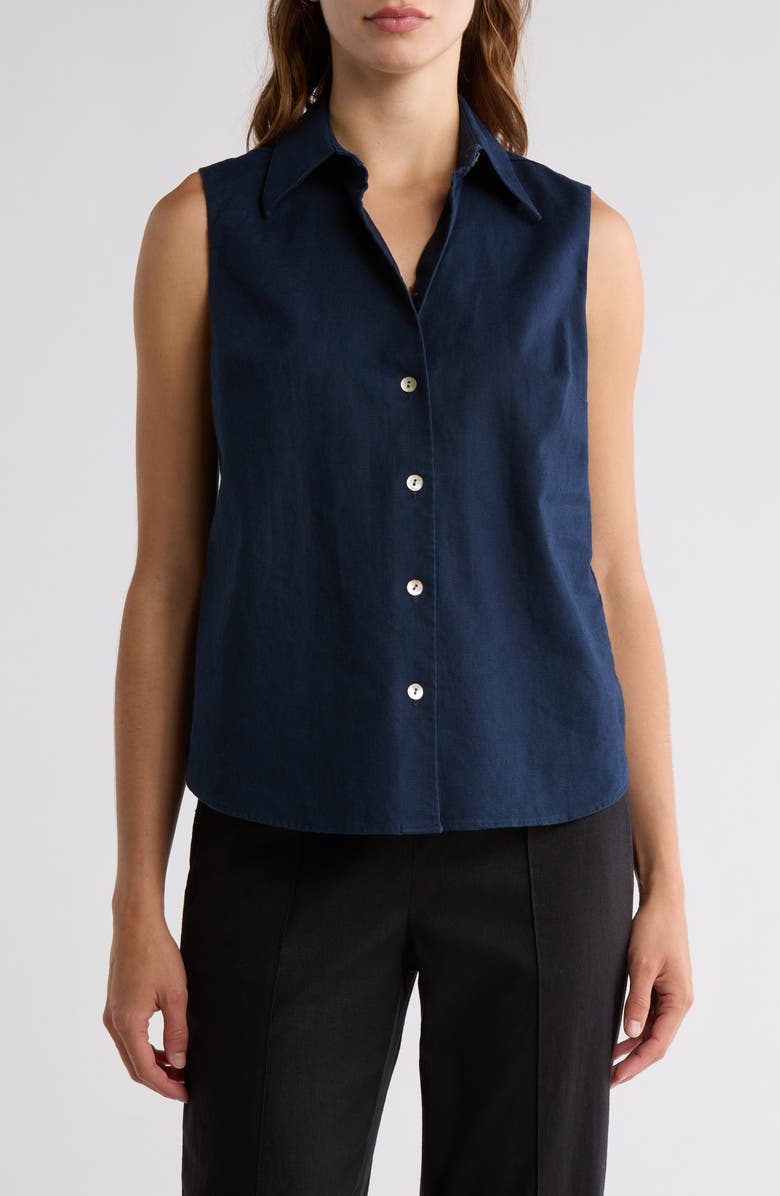 Vince Sleeveless Cotton Blend Button-Up Shirt, Main, color, Coastal