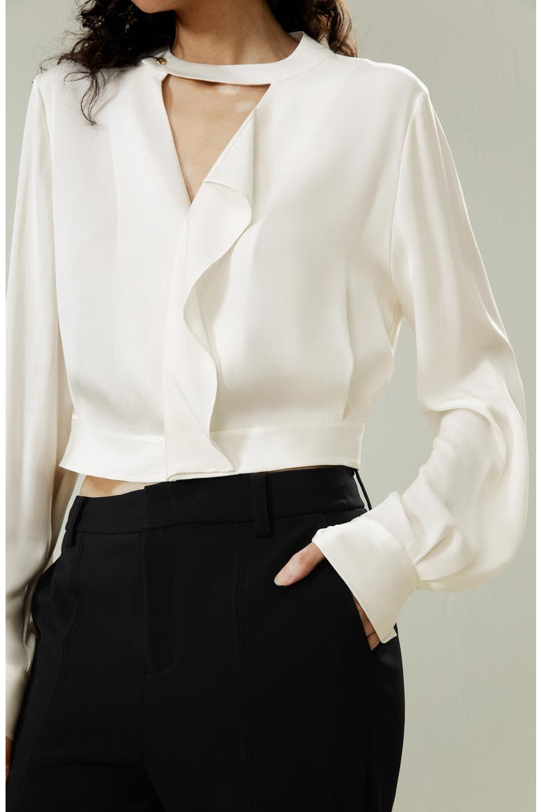 V Neck Collared Silk Shirt, Alternate, color, Pearl white