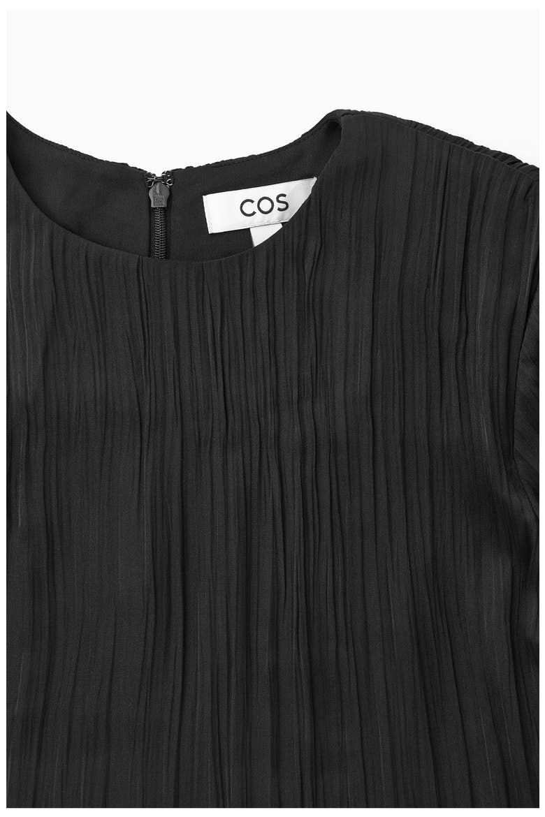 Long Sleeve Recycled Polyester Plissé Midi Dress, Alternate, color, BLACK DARK