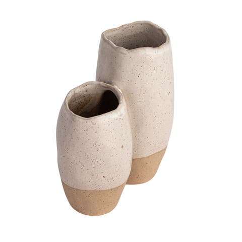 2-Tone Stoneware Vase with 2 Sections and Reactive Glaze