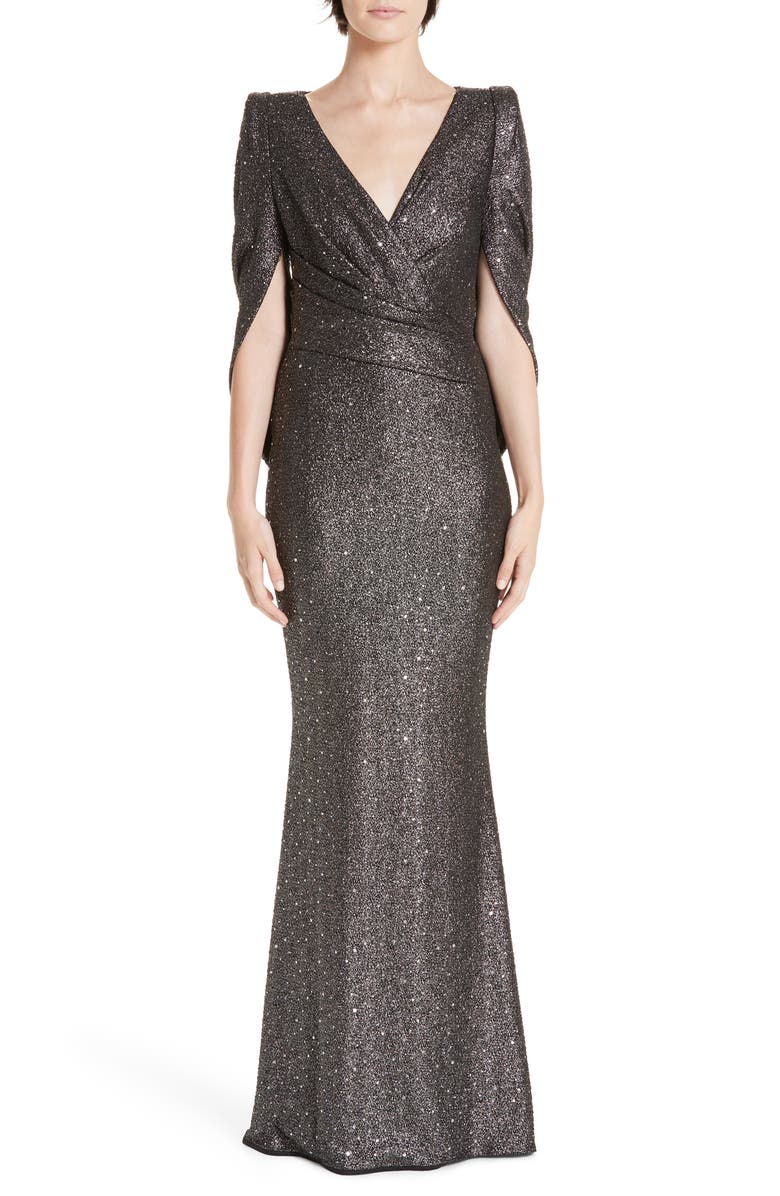 Talbot Runhof Sequined V-Neck Evening Dress, Main, color, 