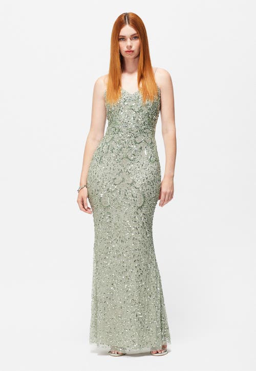 Beauut Embellished Sequin Beaded V Neck Dress In Sage Green