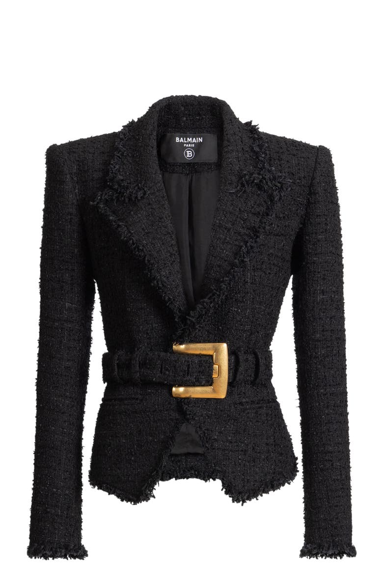 Belted tweed jacket, Alternate, color, black