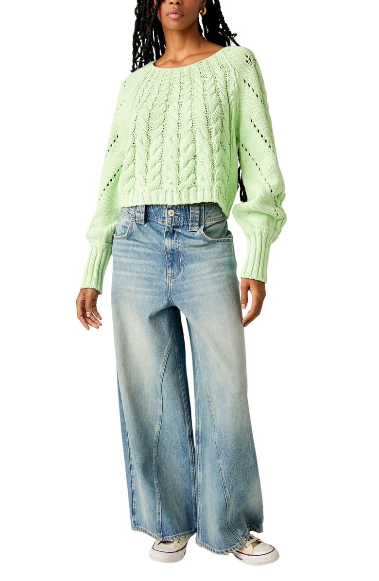 Free People Sandre Cable Stitch Pullover Sweater, Alternate, color, Green Light
