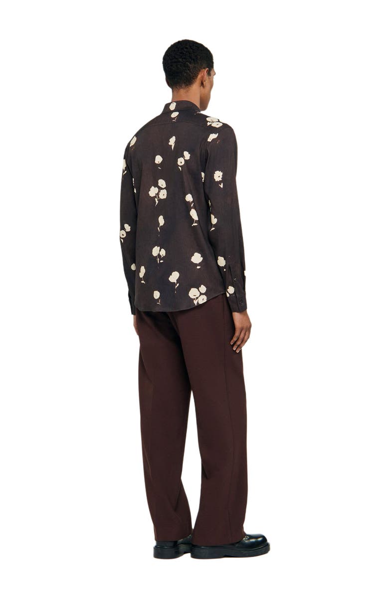 SANDRO Floral print linen shirt, Alternate, color, Chocolate