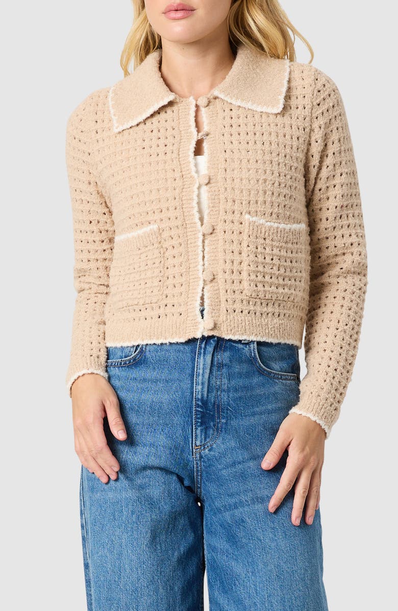 All in Favor Contrast Trim Point Collar Cardigan, Main, color, Oatmeal/ Ivory