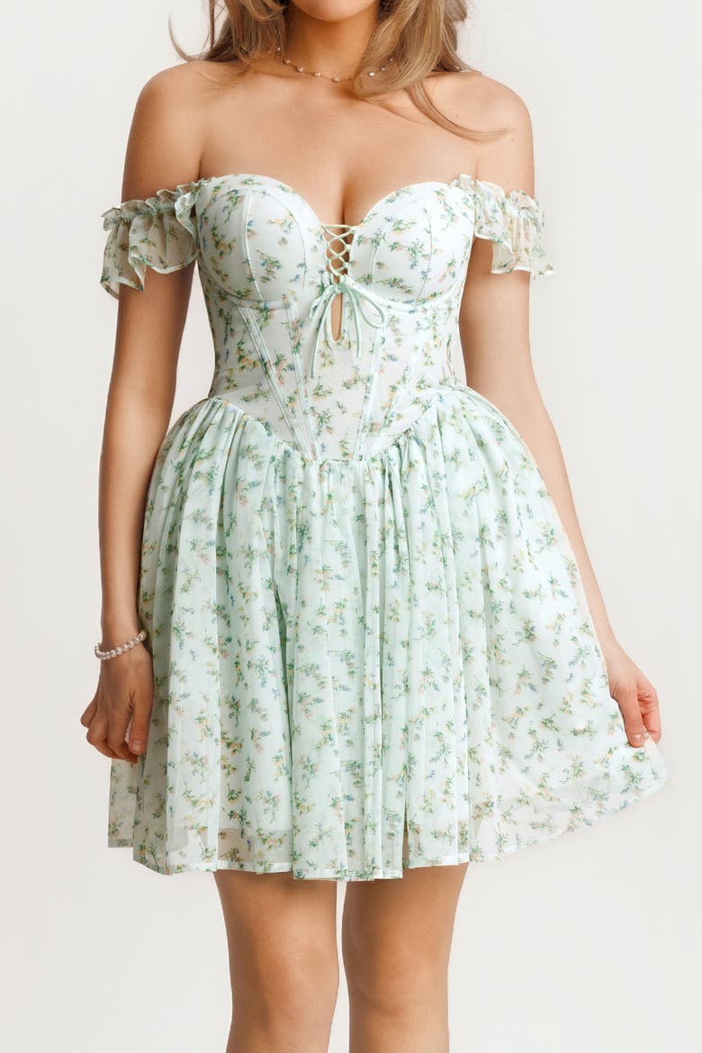 Snatched Lace Convertible Strap Mini Shapewear Romper Cottagecore Dress, Alternate, color, Green Floral