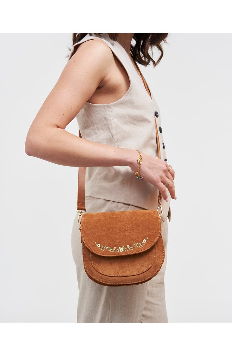 Fable England Floral Faux Suede Embroidered Saddle Purse, Alternate, color, Light/Pastel Brown