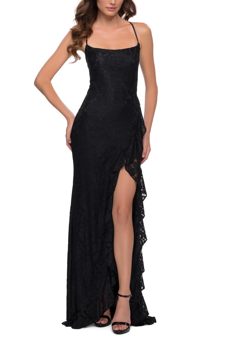 Stretch Lace Dress with Ruffle Skirt Detail and Slit, Alternate, color, Black