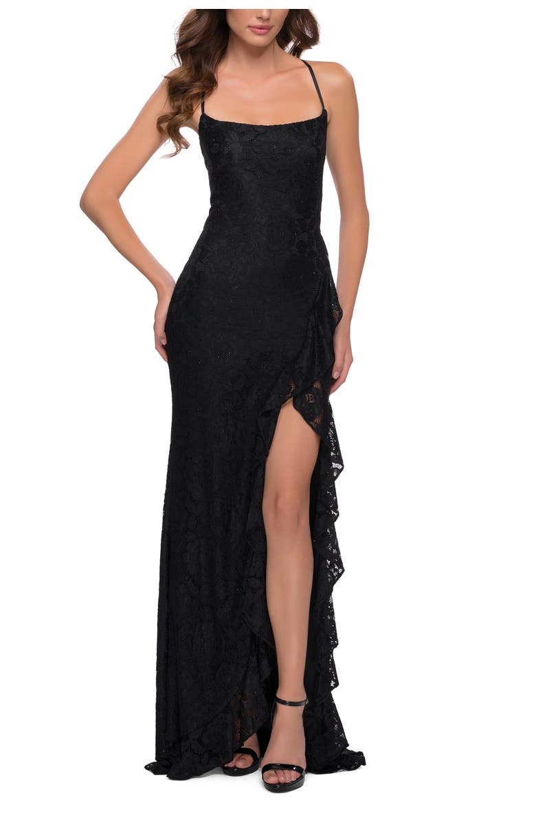 La Femme Stretch Lace Dress with Ruffle Skirt Detail and Slit, Alternate, color, Black