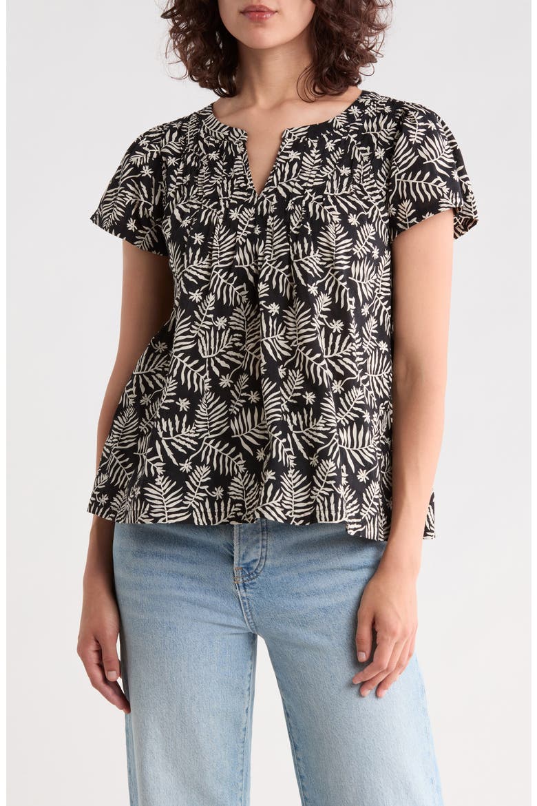 Shirred Split Neck Top, Main, color, BLACK MULTI