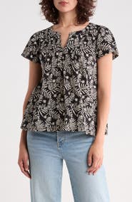 Lucky Brand Shirred Split Neck Top
