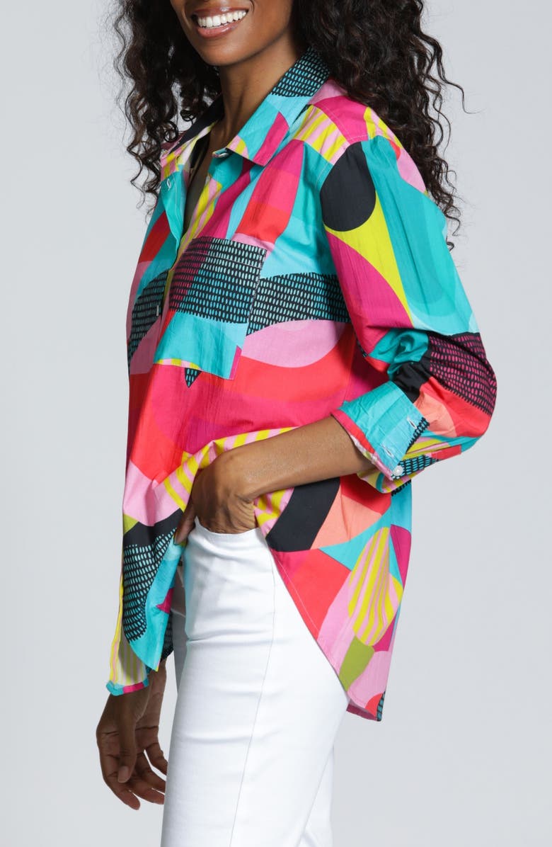 APNY Print Cotton Button-Up Shirt, Alternate, color, Turquoise Multi