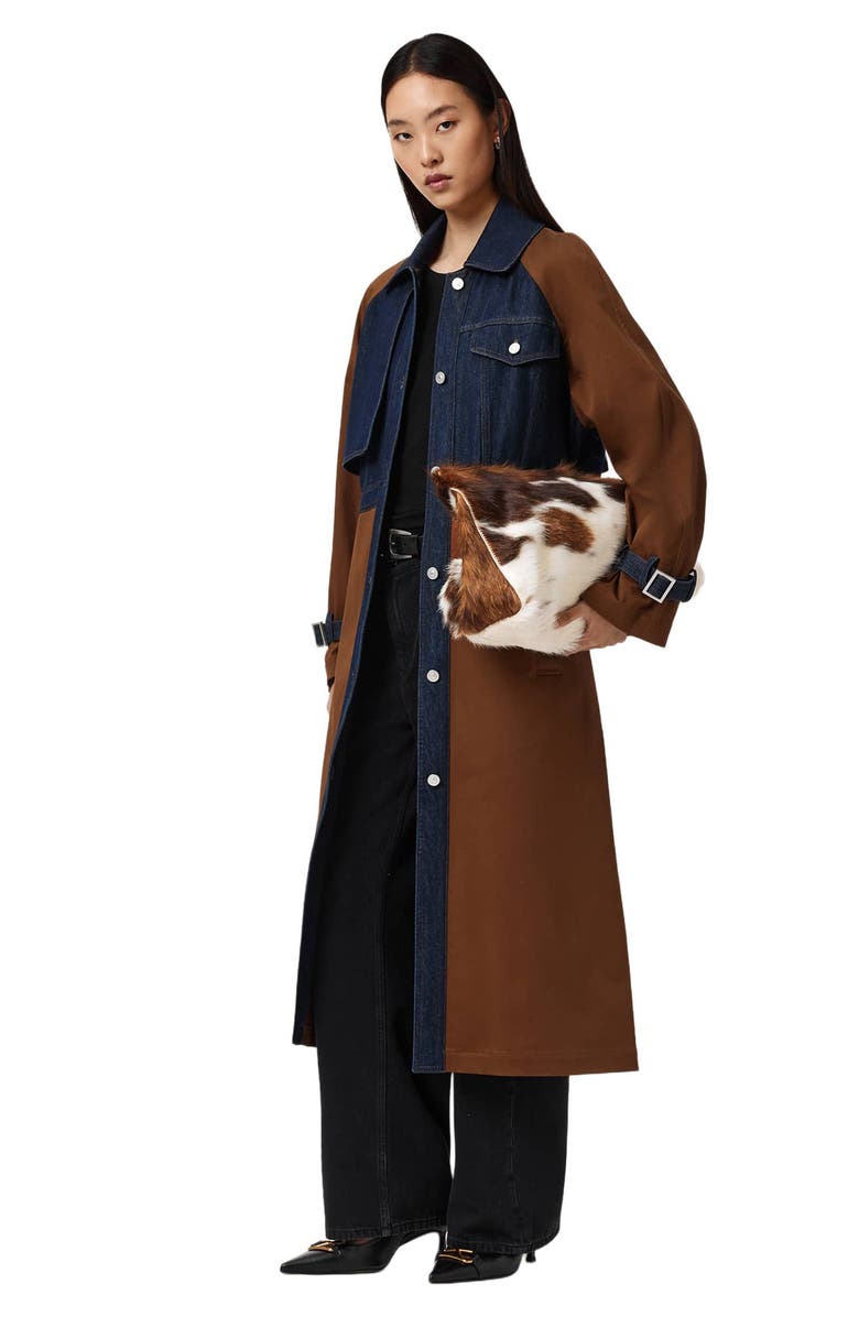 AllSaints Dayly Tie Waist Denim Accent Trench Coat, Alternate, color, Cognac Brown