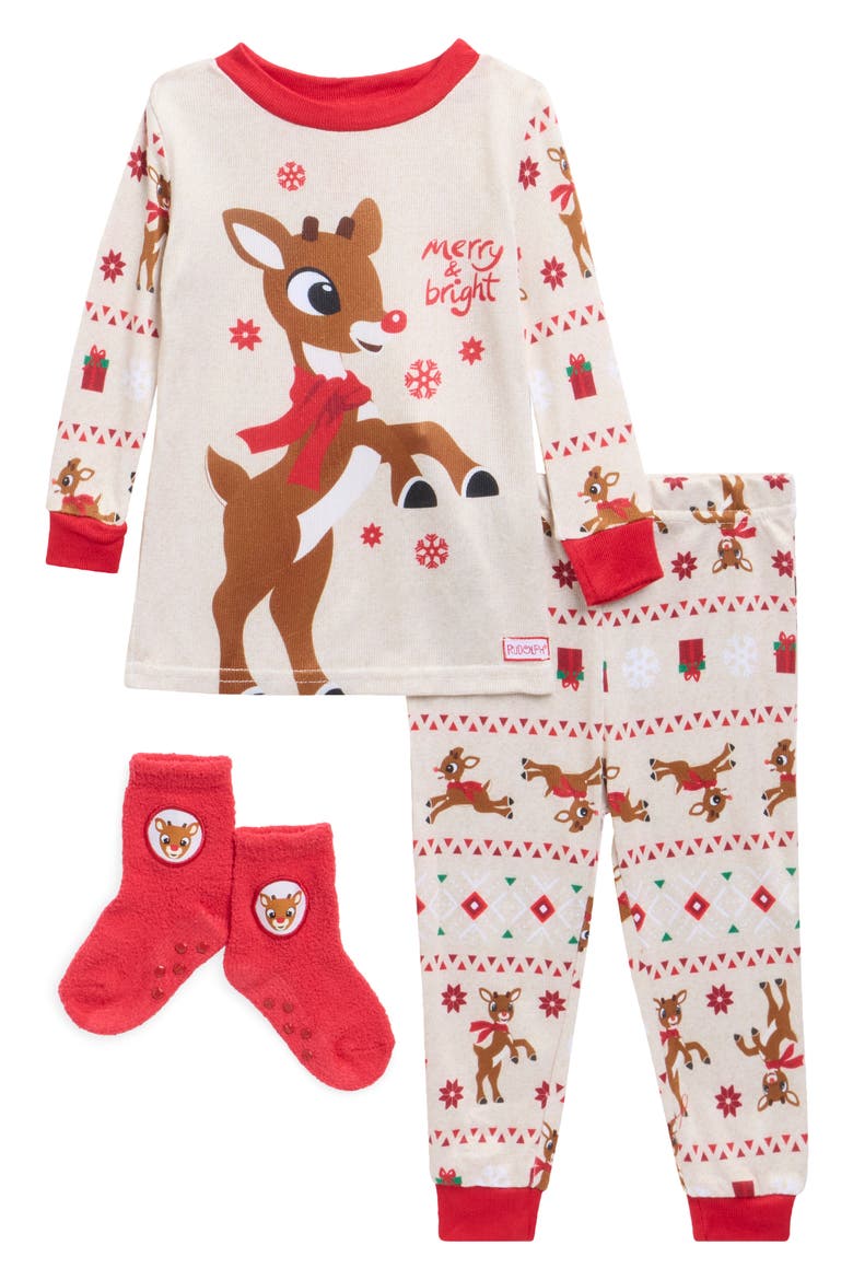 Kids' 3-Piece Snug Fit Pajamas & Socks Set, Main, color, OATMEAL