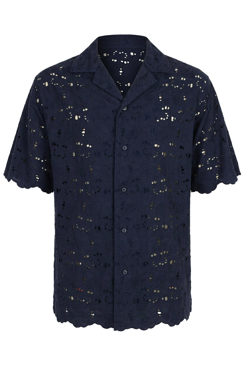 Textured Open Collar Short Sleeve Shirt, Alternate, color, Navy Blue