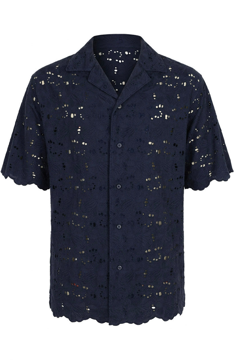 Modenaire Textured Open Collar Short Sleeve Shirt, Alternate, color, Navy Blue