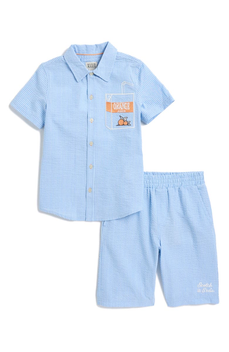 Scotch & Soda Kids' Yarn Dyed Seersucker Short Sleeve Button-Up Shirt & Shorts Set, Main, color, Riviera