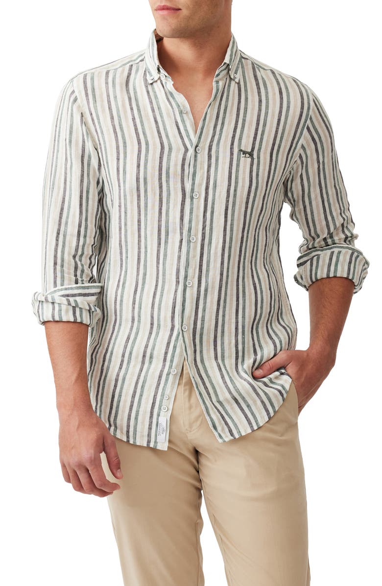 Rodd & Gunn Gimmerburn Stripe Linen Button-Up Shirt, Main, color, Leaf