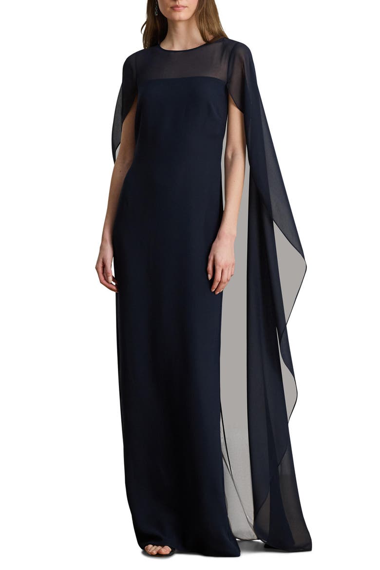 Cape Detail Triple Georgette Gown, Main, color, LAUREN NAVY BLUE