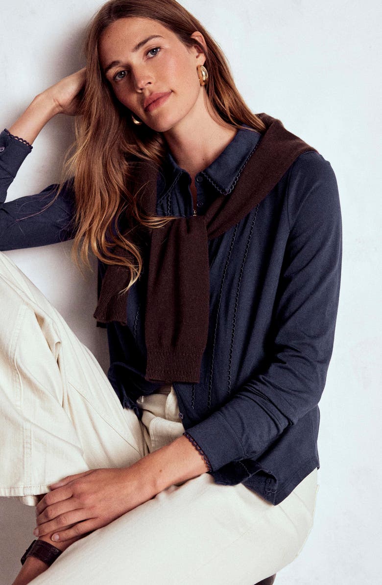 Boden Picot Trim Jersey Button-Up Shirt, Alternate, color, Navy