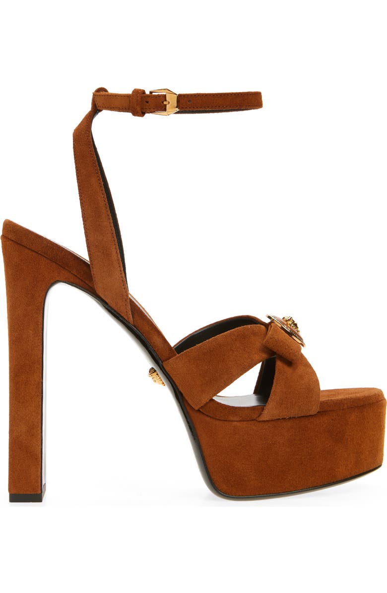 Versace Gianni Ribbon Suede Platform Sandal, Alternate, color, Spice Brown-Versace Gold