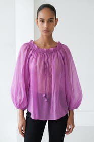 Exquise Long Sleeve Decorative Tie Neck Regular Blouse
