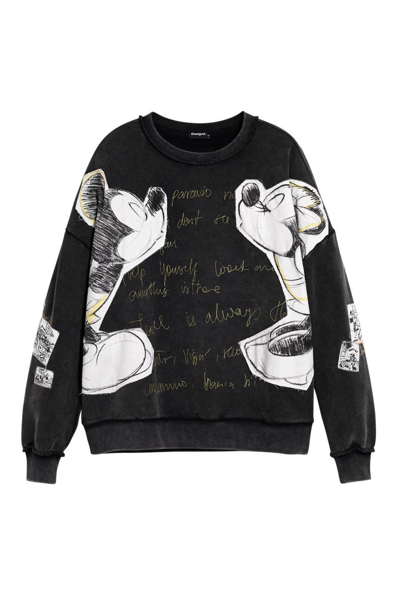 Mickey & Minnie Mouse Patch Distressed French Terry Sweatshirt, Alternate, color, BLACK