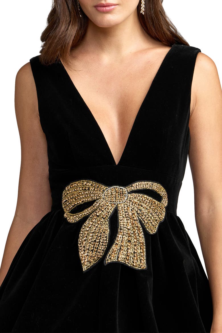 Sleeveless Bubble Hem Velvet Mini Dress With Bow, Alternate, color, Black