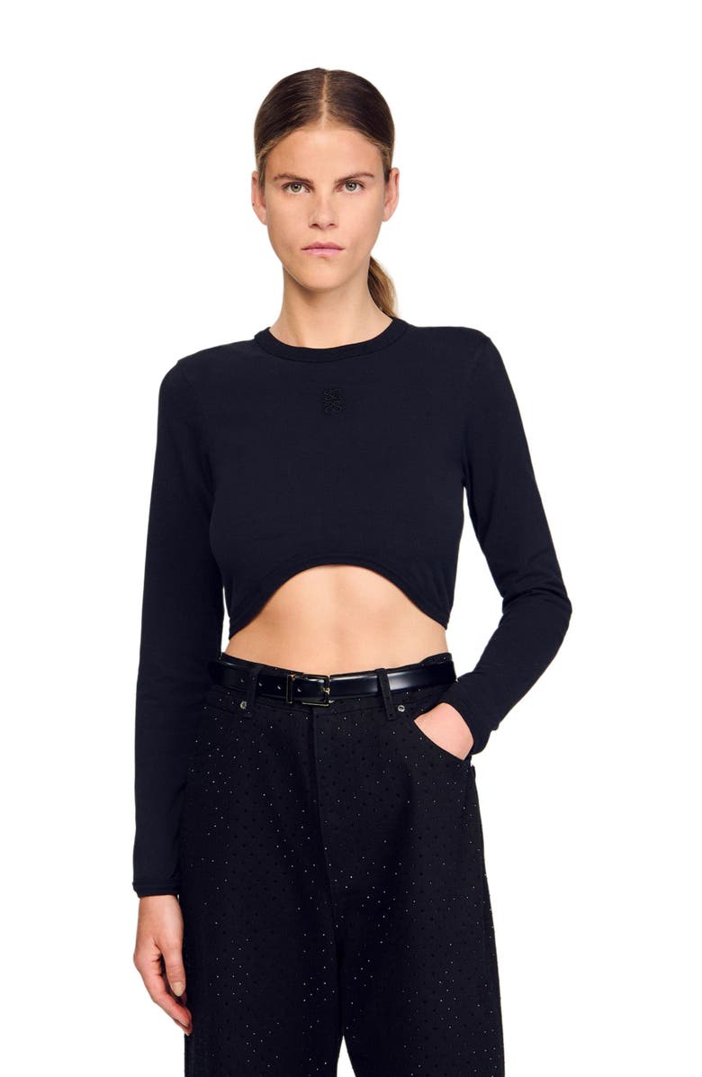 SANDRO Cropped embroidered T-shirt, Alternate, color, Black