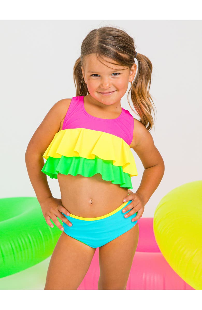 RuffleButts Girls Flounce Bikini, Alternate, color, Neon Color Block