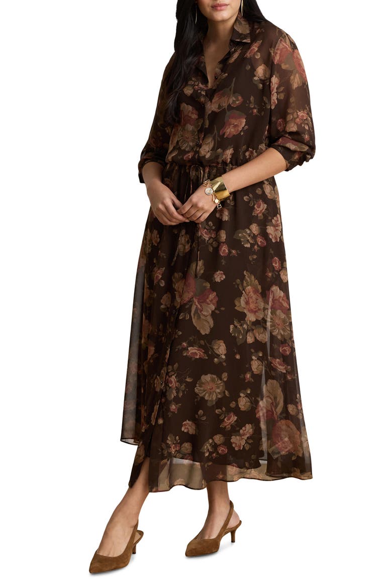 Floral Chiffon Long Sleeve Shirtdress, Main, color, BROWN