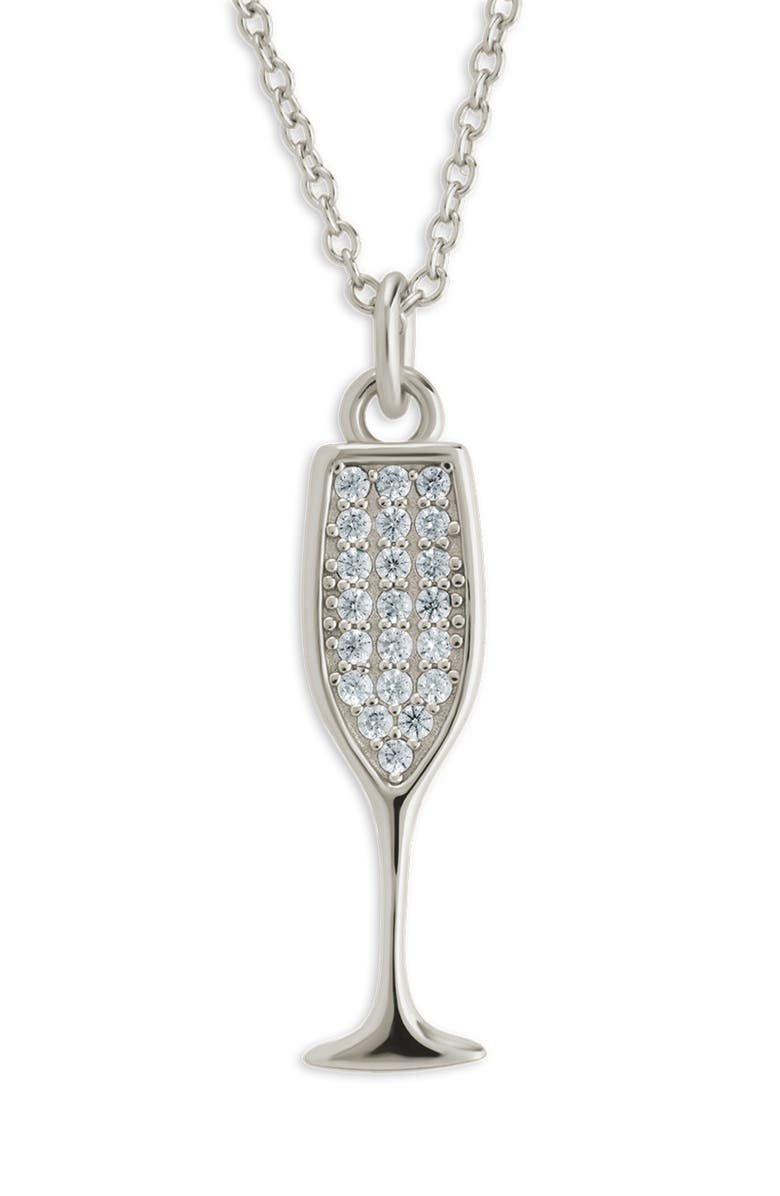 Sterling Forever Pavé Cubic Zircoia Champagne Flute Pendant Necklace, Main, color, Silver