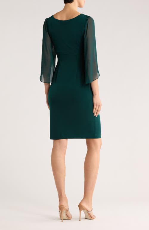 Connected Apparel Mixed Media Cape Sleeve Mock Wrap Cocktail Dress In Green
