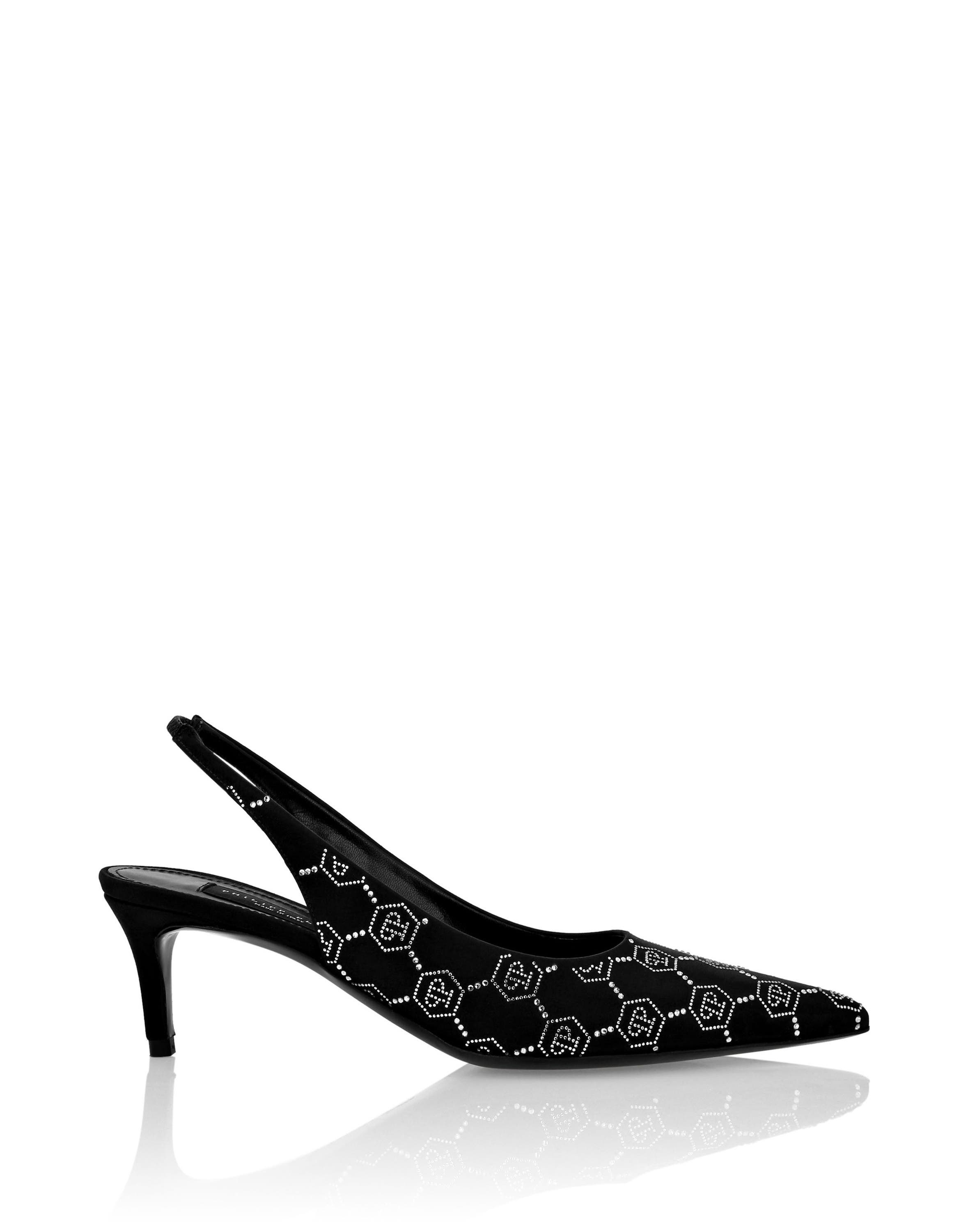 Satin Slingback Low Heels Strass Monogram Women, Alternate, color, black/crystal