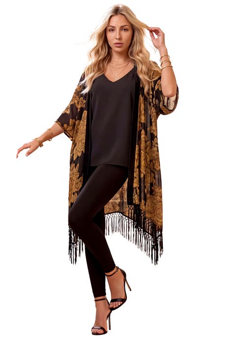 Plus Size Metallic Jacquard Fringe Trim Wrap Jacket (plus)