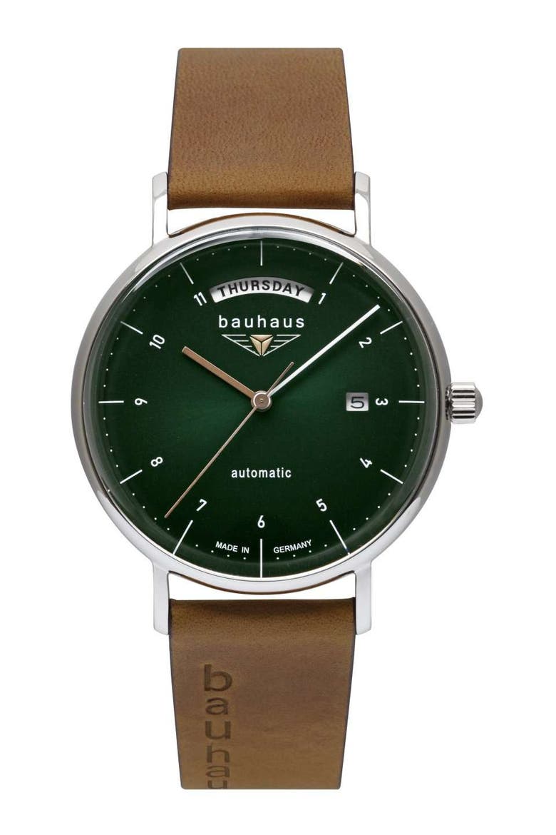 Classic 41mm Dark Green Dial with Brown Leather Strap, Main, color, Silver, Green and Brown