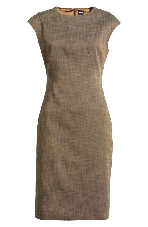 Hugo Boss Cap-sleeve Dress In Melange Stretch Sharkskin In Brown