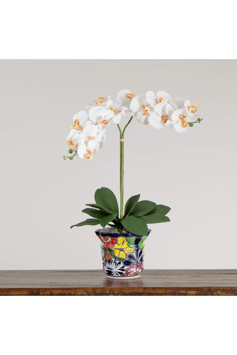 26-in Artificial Double Orchid Arrangement in Handmade Mexican Talavera Ceramic Planter, Alternate, color, Green