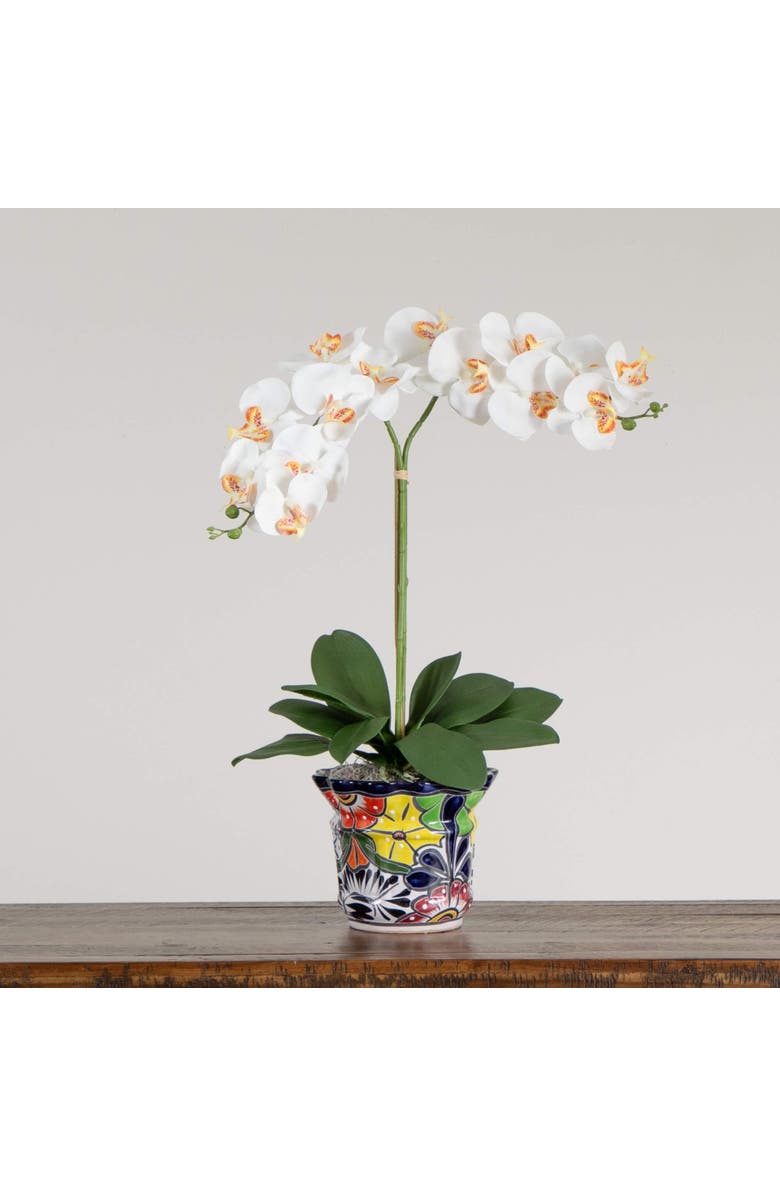 NEARLY NATURAL 26-in Artificial Double Orchid Arrangement in Handmade Mexican Talavera Ceramic Planter, Alternate, color, Green